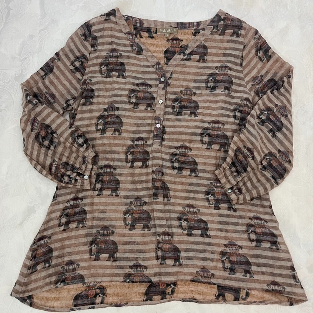 Yauvan Womens Sheer Elephant Print Blouse Sz S Boho Artsy Earthy Neutral